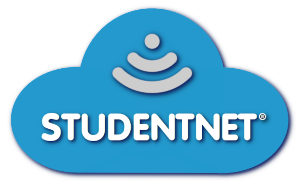 White word Studentnet against an aqua blue cloud logo